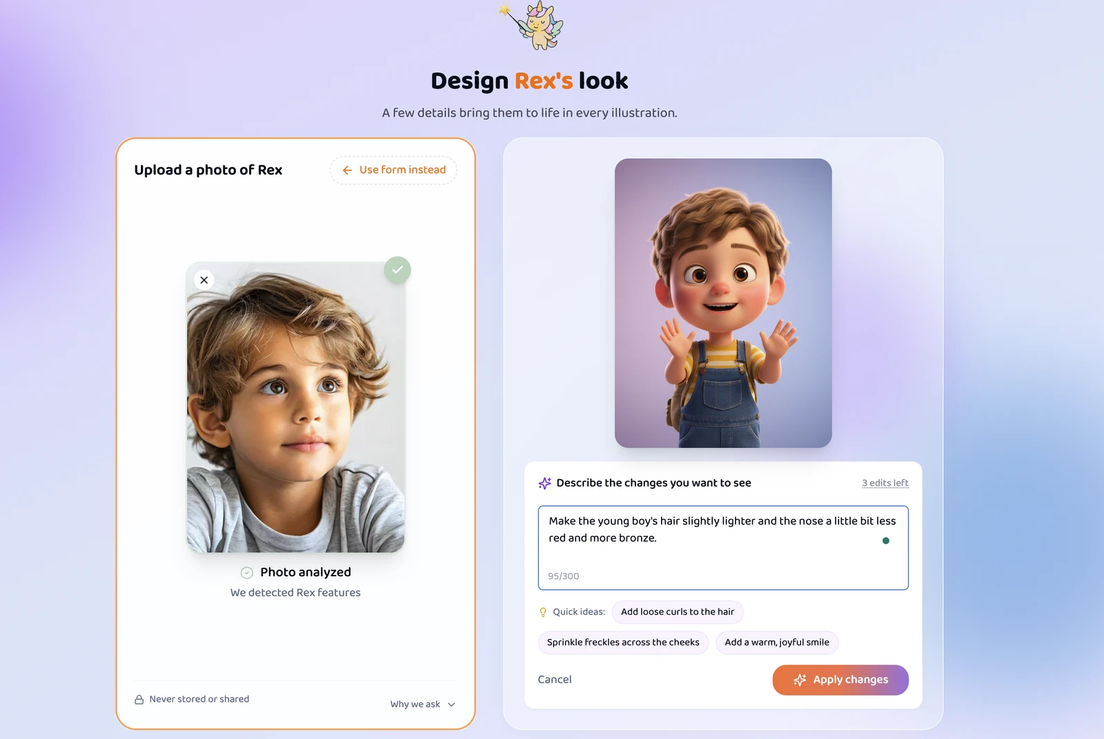 Nookly: photo becomes an AI-illustrated character with refinement controls