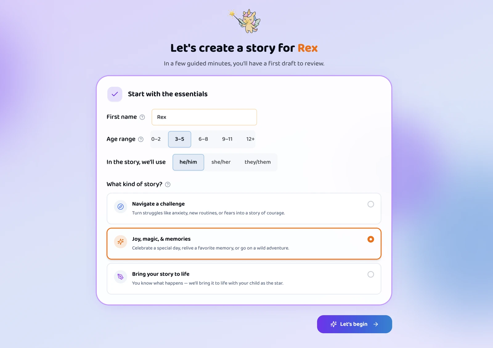 Nookly: guided storybuilder with name, age, pronouns, and story type