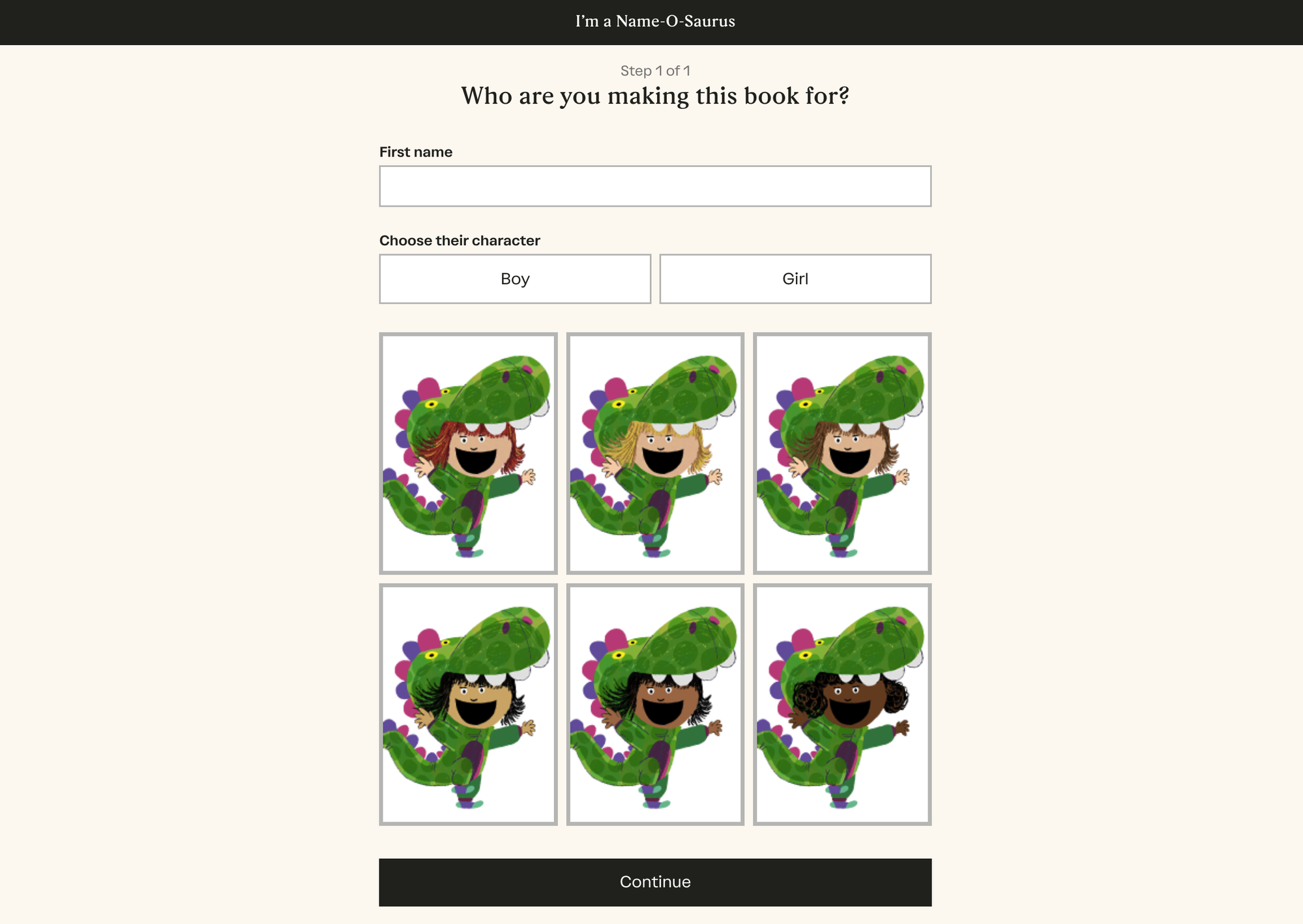 Wonderbly: name, boy/girl, 6 character presets