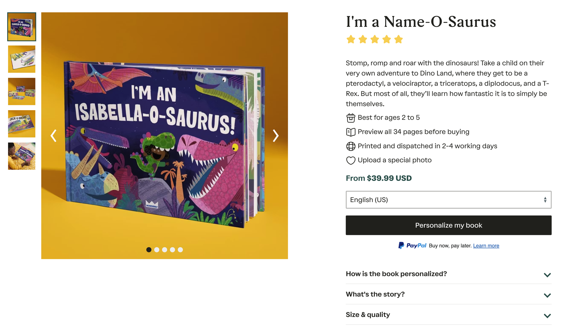 Wonderbly: $39.99 hardcover, pre-illustrated template